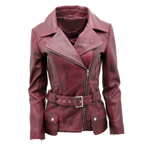 Women's Genuine Leather Moto Jacket Solid Burgundy Color <b>Zipper</b> Closure With Belt And Pockets Full Sleeve Autumn Style - Product Image 1