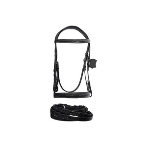 Cabezada de cuero marrón con juego de riendas trenzadas para uso ecuestre - Product Image 6