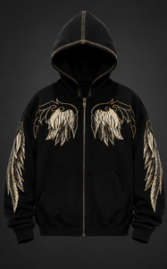Sweat-shirt polaire à capuche numérique avec motif ailes et surpiqûres contrastées, style décontracté d'hiver, fermeture éclair, poche avant, coupe oversize et classique - Product Image 5