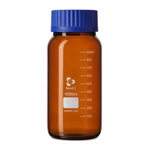 Botella de laboratorio ámbar de vidrio borosilicato de 1000ml Diseño redondo de boca ancha con tapón de rosca de polipropileno y anillo de vertido azul - Product Image 6