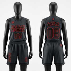 High Quality 170 GSM Polyester Mesh Basketball Jersey Shorts Set <b>Red</b> Black Embroidered Tackle Twill Custom Logo Sportswear - Product Image 3
