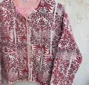 Handmade Knitted Breathable Jaipuri Cotton <b>Quilted</b> <b>Jacket</b> Women Mughal Floral Block Print Reversible Stripe <b>Pattern</b> Cardigan - Product Image 4