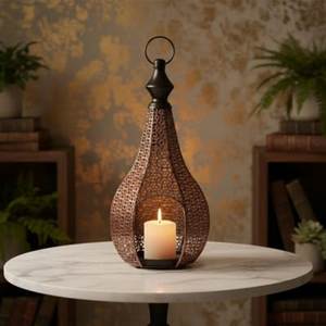 Manufacturer Ramadhan Decor Bronze Tear Drop Metal Lantern Ramazan Gift <b>Moroccan</b> Cutwork Pillar Candle Holder <b>Lighting</b> Fixture - Product Image 1