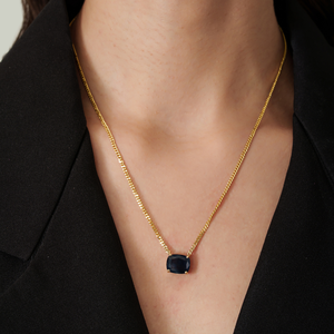 Collar con colgante de una sola piedra de zafiro azul real en oro amarillo macizo K14 de alta calidad, cadena cubana, para mujer, en oferta. - Product Image 4