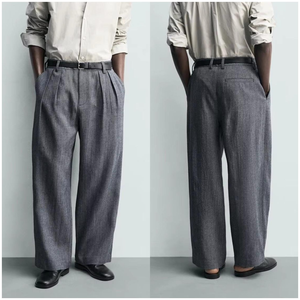 OEM Custom Men's Loose Elegant Straight-Leg Casual Trousers Classic Linen Blend Pleated Wide Leg Formal Suit Pants for Men - Product Image 4