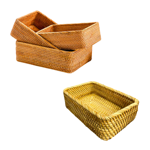 Juego de 3 Cestas/Bandejas Rectangulares de Mimbre RATTAN, Cestas Rectangulares de Mimbre Natural Tejidas a Mano - Product Image 1
