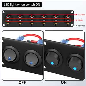 แผงสวิตช์แบบโยกทรงกลม 6 ช่อง 12VDC 20A SPST เปิด-ปิด พร้อมไฟ LED สีฟ้าสำหรับใช้ในยานยนต์ - Product Image 3
