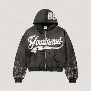 Sudadera con capucha personalizada con bordado de pedrería, estilo urbano, lavado ácido desgastado, vintage, corte holgado, 100% algodón, digital, invierno - Product Image 3