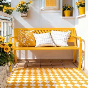 Panca da Esterno in Ferro Giallo con Schienale in Rete PVC da 47 Pollici, Stile Contemporaneo Anticato, Resistente alle Intemperie - Product Image 5