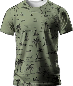 Camiseta de Hombre Verde Oliva con Estampado de Palmeras y Veleros, Manga Corta, Cuello Redondo, Corte Regular, Informal, Tejida - Product Image 1