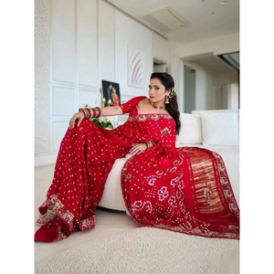 Ankita Lokhande Inspired <b>Red</b> Bandhani <b>Saree</b> – Pure Georgette Silk with Heavy Gota Patti Border & Handcrafted Embroidery - Product Image 1