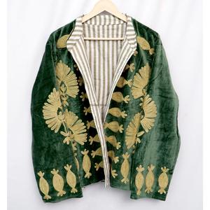 Vintage Green Velvet Embroidered Eco-Friendly <b>Reversible</b> Unisex <b>Coat</b> Mandarin Collar Three Quarter Sleeve All Seasons Outerwear - Product Image 2