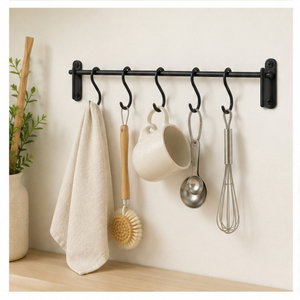 Premium Wall-Mounted Kitchen Organizer Rack with S-<b>Hooks</b> Matte Black Iron Hanging Rail for Pots Pans Mugs & Utensils - Product Image 1