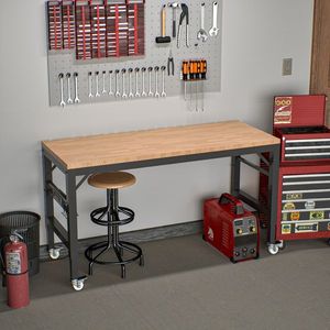 60\" <b>Adjustable</b> <b>Height</b> Heavy-Duty Workbench Rubber Wood Workstation Power Outlets Wheels 2000 LBS Load Capacity Computer <b>Desks</b> - Product Image 3