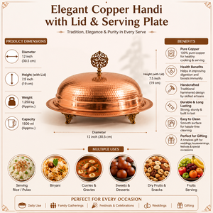 Handmade Pure Copper <b>Food</b> Serving <b>Tray</b> with Dome Lid | Hammered Copper Serving Platter with Cover | Luxury Buffet <b>Food</b> <b>Warmer</b> - Product Image 5