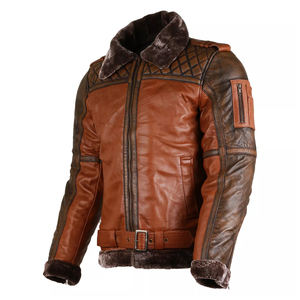 <b>Men's</b> Winter Genuine Leather Jacket With Faux Fur Lining Hooded Moto Biker Style Windproof Thick Regular Length - Product Image 5