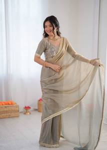 Satrani Women's Shimmer <b>Tissue</b> Gota Lace Ready To Wear Saree with Unstitched Blouse Piece - Product Image 4