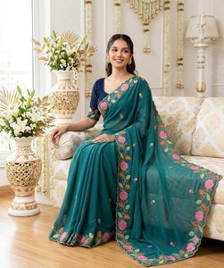 Sari de Seda Color Verde Azulado de AARA Fashion con Bordado Floral en el Borde, Largo hasta el Suelo, Protección Solar para Mujeres, Ropa Tradicional para Bodas en India - Product Image 4