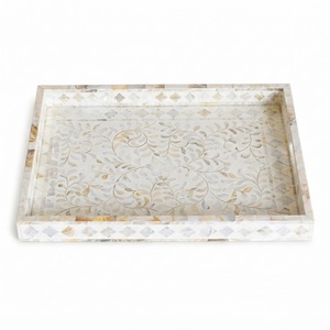 Bandeja Decorativa Moderna con Incrustaciones Geométricas de Madreperla, Bandeja de Madera Hecha a Mano con Incrustaciones de Conchas para Mesa de Centro, Decoración del Hogar - Product Image 2