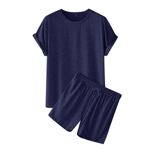 Ensemble 2 pièces pour homme, mode automne, décontracté, respirant, 100% coton, survêtement, imprimé uni, chemise à manches courtes, shorts, grande taille - Product Image 1