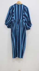 เดรสผ้าฝ้ายลายทางสีฟ้าสำหรับผู้หญิง ทรงหลวมสไตล์โบโฮ ผูกคอ แขนยาว ชุดลำลองสำหรับฤดูร้อน - Product Image 5