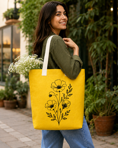 AMANI Yellow Jute Tote <b>Bag</b> with Screen Printed Pattern <b>Medium</b> <b>Size</b> Hand Length Handle for Beach & Daily Use - Product Image 4