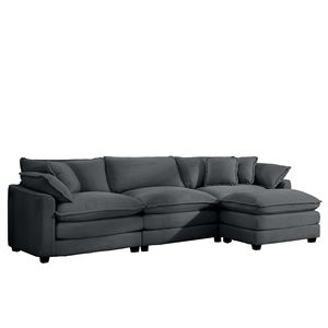 Divano a 3 Posti a L in Velluto a Coste Grigio con 1 Poggiapiedi e Pouf per Soggiorni Piccoli - Product Image 6