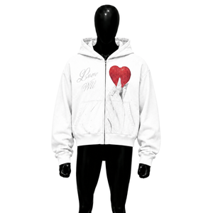 Sudadera con Capucha y Cremallera para Hombre, Estilo Urbano Premium, Color Blanco, con Estampado de Corazón 'Love Me', Corte Regular, Informal, de Algodón Blanco, Felpa Francesa, para Otoño - Product Image 1