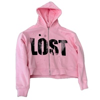 Hoodies zippés en coton épais 100% brodés, délavés à l'acide, effet vieilli, avec sérigraphie rose, coupe carrée courte, pour l'hiver