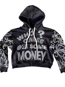 Sweats à capuche entièrement personnalisés style streetwear, imprimés et ornés de strass, sweats à capuche zippés personnalisés OEM, sweats à capuche streetwear effet usé - Product Image 6