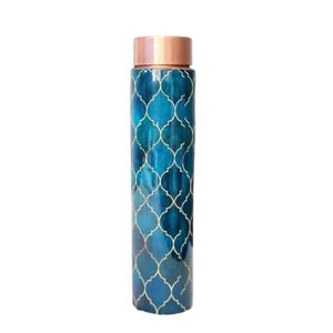 Blue & <b>White</b> Geometric Diamond Pattern Copper <b>Water</b> <b>Bottle</b> with Matching Cap for Drinking Home and Hotel for Gifting - Product Image 4