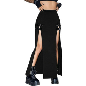 Black Punk Gothic Maxi <b>Skirts</b> with Double Buckle <b>Split</b> for Women Long Goth High Waist Club Party Slit <b>Skirt</b> - Product Image 5