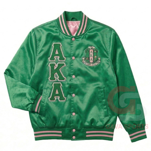 Veste bomber coupe-vent AKA Sorority verte pour femmes, modèle Alpha |   Kapa |   Veste bomber en satin Alpha Sorority avec lettres grecques pour l'hiver - Product Image 1