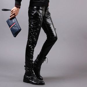 Pantalon en cuir PU noir pour homme, coupe slim, style motard, avec lacets latéraux, rivets, taille élastique, pour l'automne - Product Image 5