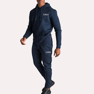 Ensemble de survêtement bleu marine pour homme, sweat à capuche zippé et pantalon de jogging, deux pièces, sportswear décontracté en molleton, ensemble assorti - Product Image 1