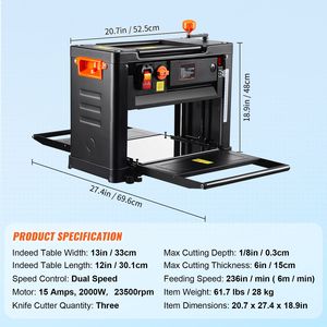 Pialla da banco a doppia velocità con motore da 15 Amp e 2000W, piano di lavoro largo 13 pollici, estensione da 12 pollici, dotata di tre lame e funzioni automatiche - Product Image 2