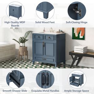 Meuble-lavabo de salle de bain de style rétro de 30 pouces avec portes à fermeture douce, cadre en bois massif et lavabo en céramique, armoire de rangement bleue - Product Image 6