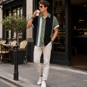 Chemise classique vert-noir contrastée, simple et élégante, à manches courtes, boutonnée, style streetwear. - Product Image 5