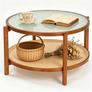 Tavolino da Caffè Boho in Noce a 2 Livelli, Tavolini Laterali in Rattan PE, Piano in Vetro Temperato, Tavolo Centrale in Legno Massello di Acacia per Soggiorno - Product Image 1