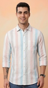Chemise décontractée Enovate pour homme, rayée bleu et rose, 100 % coton tissé, double boutonnage, manches longues, col rabattu, respirante, été - Product Image 1
