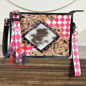 New Latest Stylish Tooled Leather Sling Shoulder Bag Cowhide Purple & White Checkered Western Crossbody Purse <b>Wristlet</b> Handbag - Product Image 1