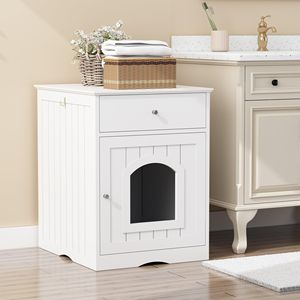 Casetta per Gatti in Legno Bianca XXL con Lettiera Integrata, Ampio Spazio Interno, Cassetto e Tavolino Laterale - Comodino per Gatti Economico - Product Image 3