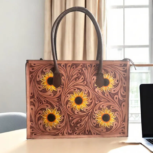 Sac fourre-tout en cuir fait main avec motif tournesol pour femme, sac à bandoulière floral western fait main - Product Image 1