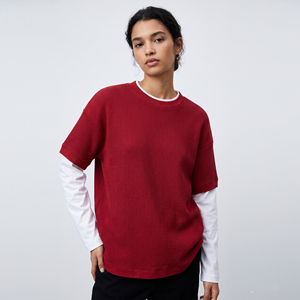 T-shirt gaufré double couche pour femme, manches courtes, couleur unie, col rond, tricoté, décontracté - Product Image 6