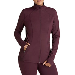 <b>Women's</b> Long Sleeve Zip Up Yoga Jacket Stand Collar Sweat Wicking Active Wear <b>Burgundy</b> - Product Image 1