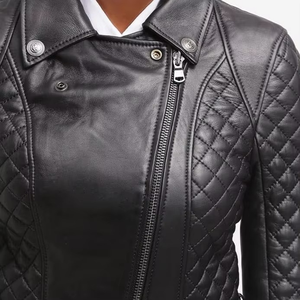 Women's Long Quilted PU Leather Jacket With Zipper Closure Turn-down Collar Autumn Style - Product Image 6