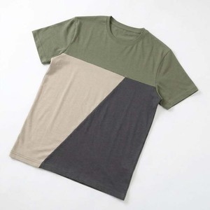 T-shirt à manches courtes pour homme à prix bas, à blocs de couleur géométriques, col rond, coupe régulière, style décontracté en tricot - Product Image 1