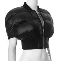 Blouson court matelassé noir en PU, fermeture éclair, manches courtes, sans col, coupe-vent, style streetwear, manteau d'hiver, rembourrage épais, couleur unie