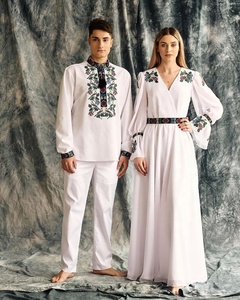 Stylish Ukraine White <b>Dress</b> and Shirt Ukrainian Clothing Green Embroidered Set of Paired Embroidery Ukrainian <b>Wedding</b> Clothes - Product Image 2