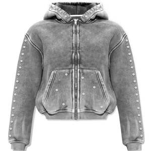 Sweat à capuche zippé unisexe effet délavé avec strass soleil céleste, gris et rouge vintage 2026, coupe oversize, style streetwear Y2K, haut scintillant - Product Image 4